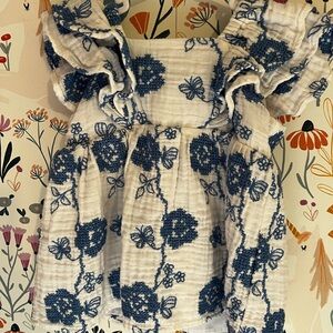 Rare Editions Blue and White Floral Blouse with Smocked Detail 12-18 Months